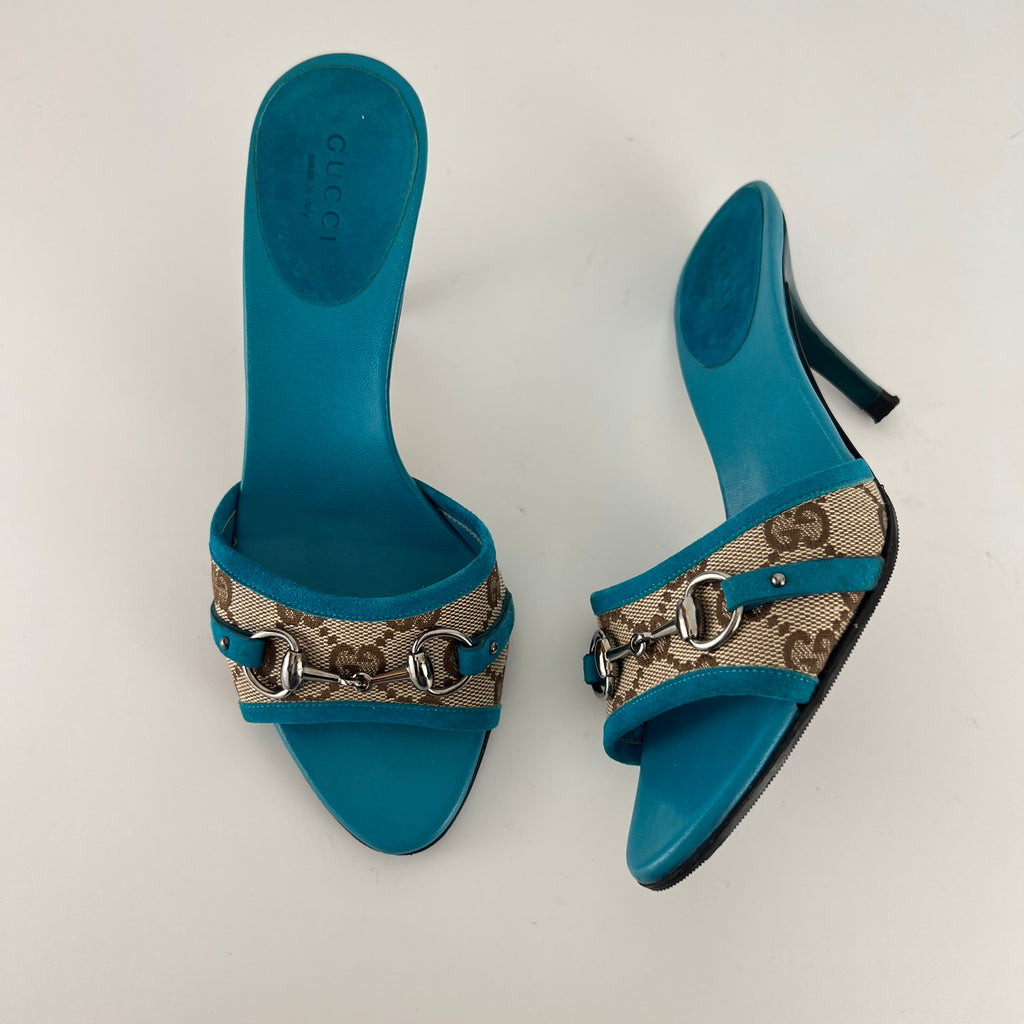 Gucci | Tom Ford Era Horse Bit Teal Blue Monogram GG Canvas Mules Rare (34)