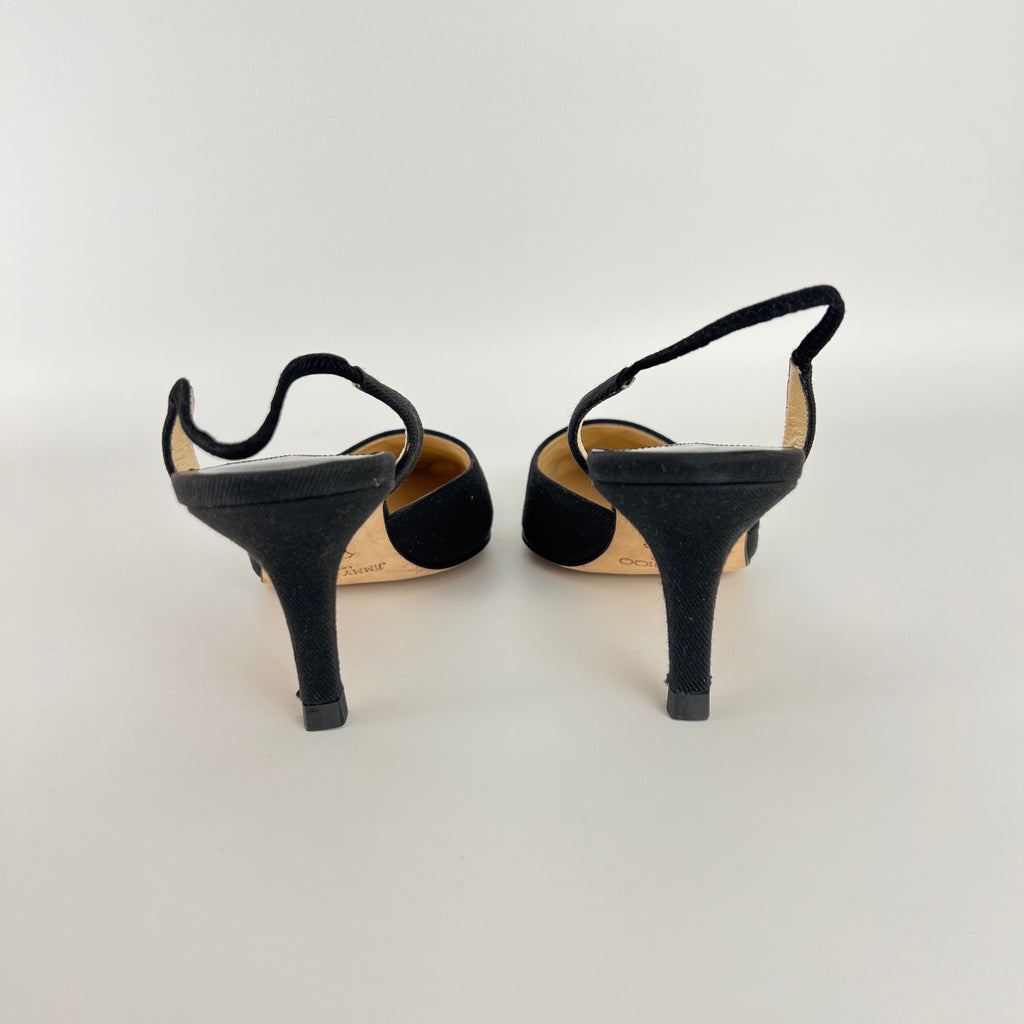 Jimmy Choo | Jessica Black Linen Floral Embroidery Pointed Toe Slingback Heels (35)
