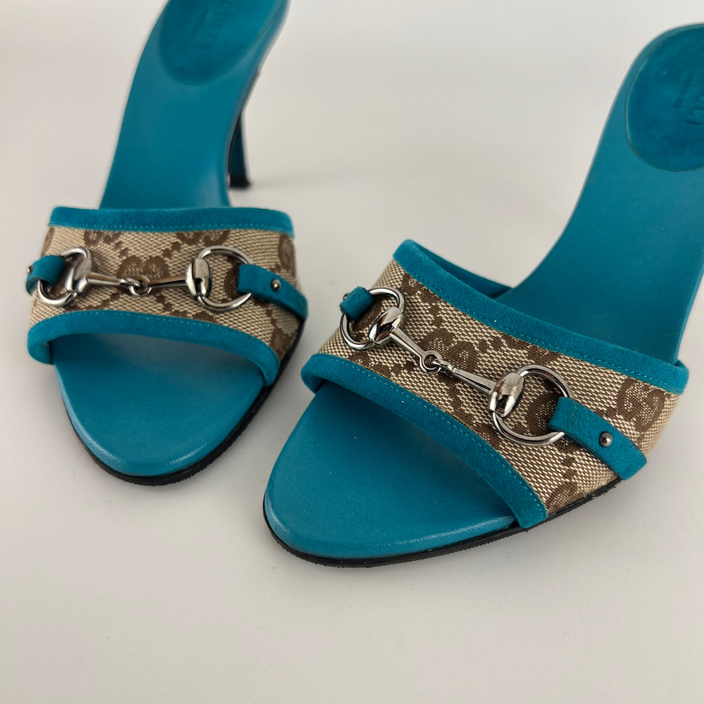 Gucci | Tom Ford Era Horse Bit Teal Blue Monogram GG Canvas Mules Rare (34)