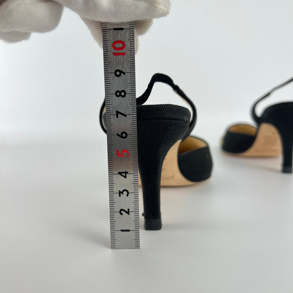 Jimmy Choo | Jessica Black Linen Floral Embroidery Pointed Toe Slingback Heels (35)