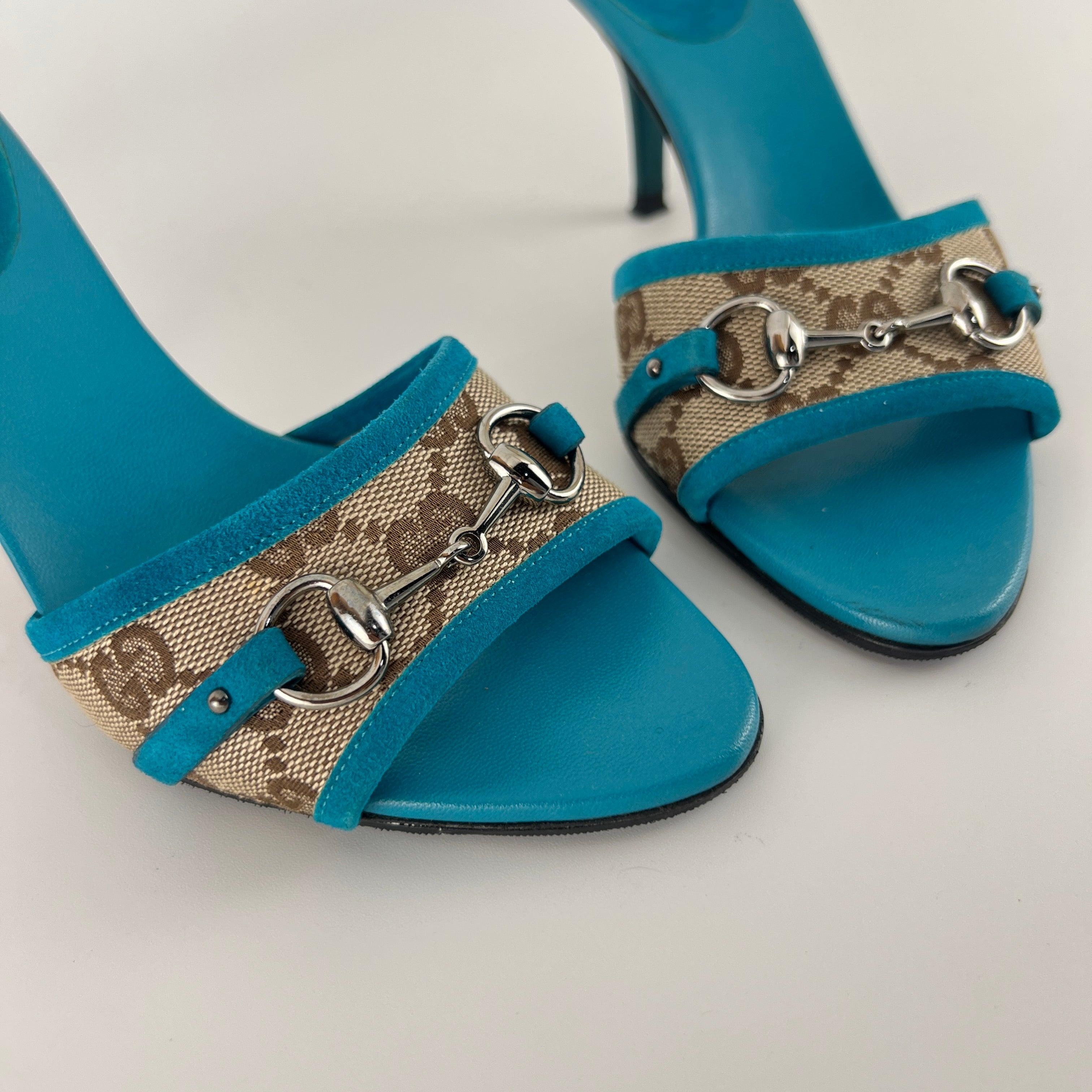 Gucci | Tom Ford Era Horse Bit Teal Blue Monogram GG Canvas Mules Rare (34)