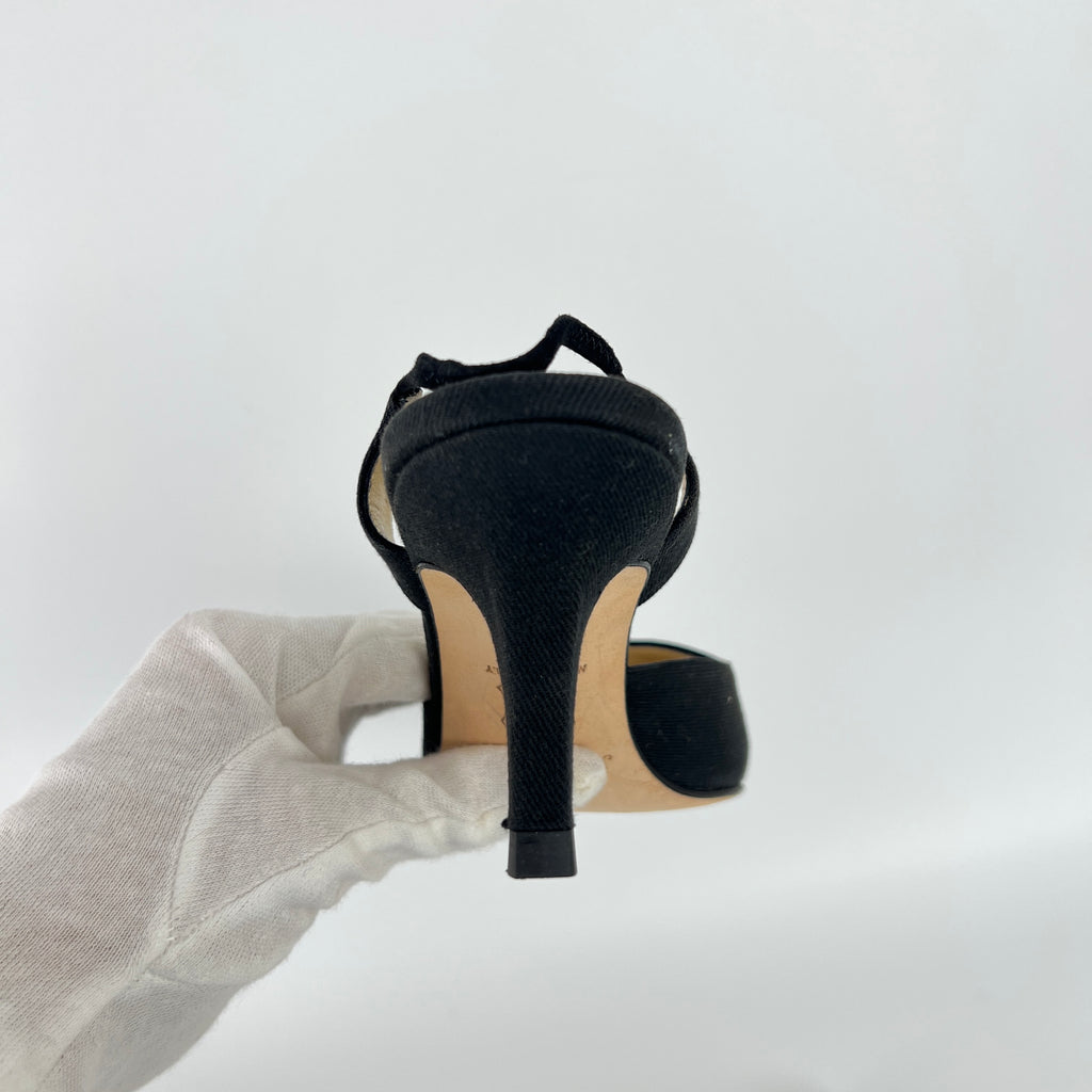 Jimmy Choo | Jessica Black Linen Floral Embroidery Pointed Toe Slingback Heels (35)