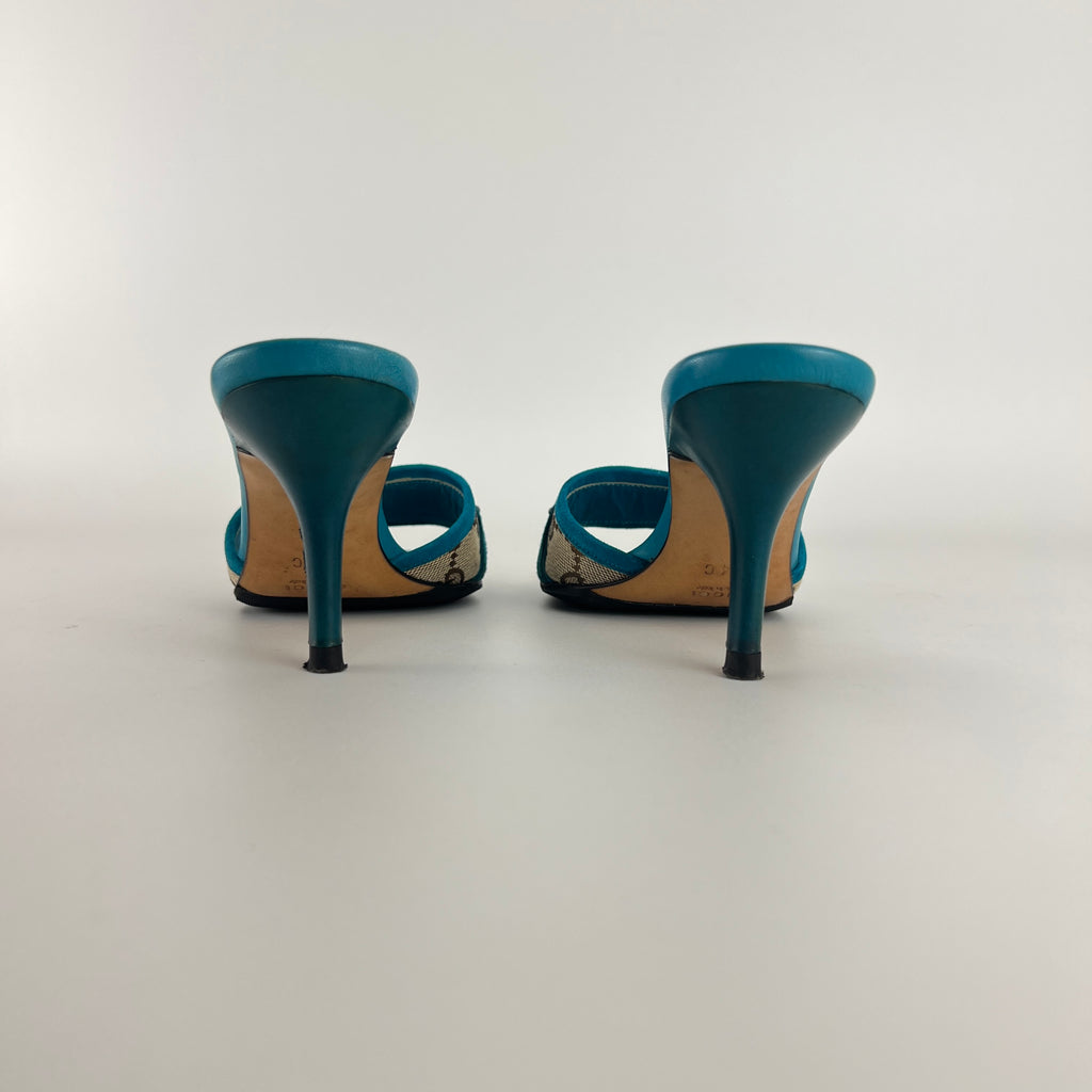 Gucci | Tom Ford Era Horse Bit Teal Blue Monogram GG Canvas Mules Rare (34)