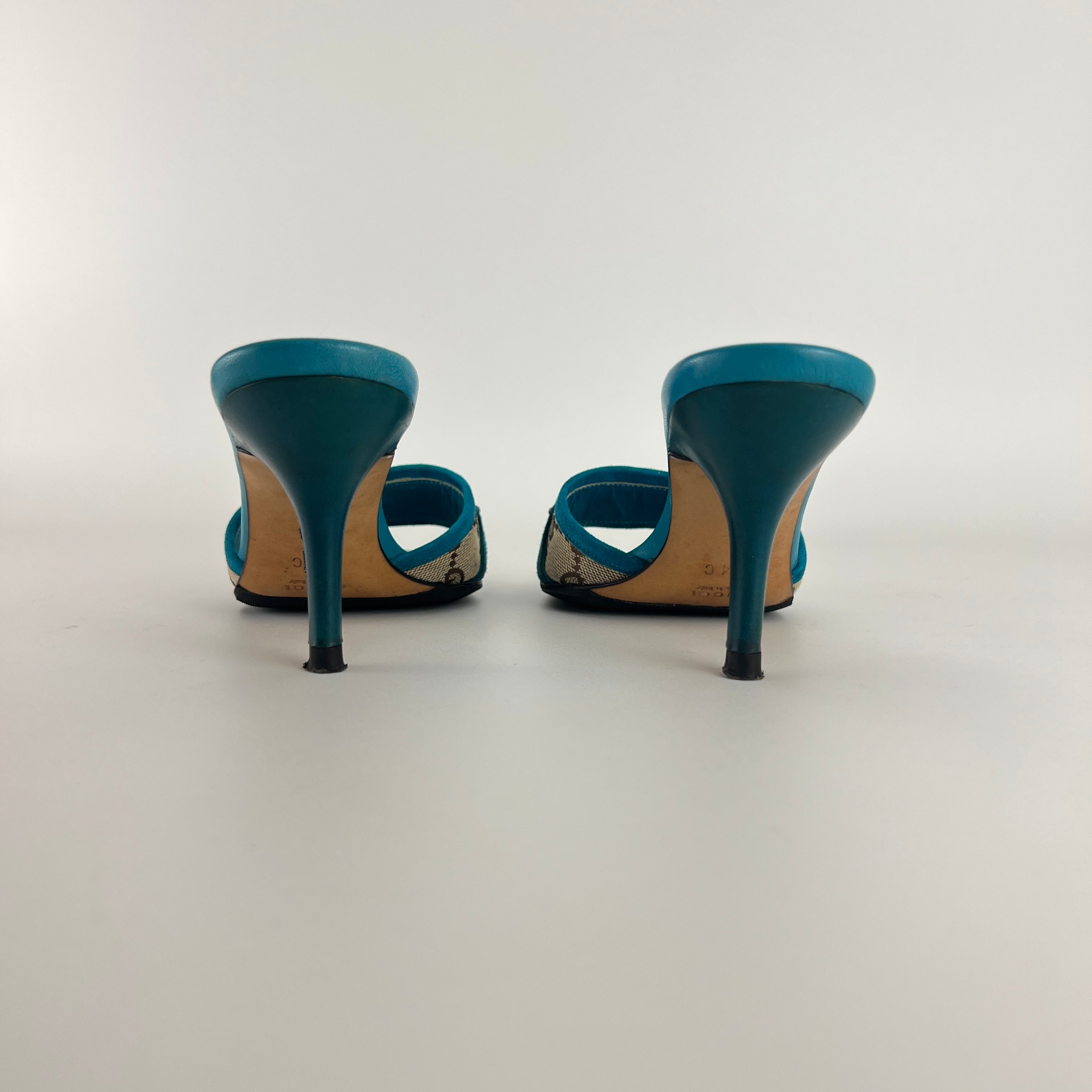 Gucci | Tom Ford Era Horse Bit Teal Blue Monogram GG Canvas Mules Rare (34)