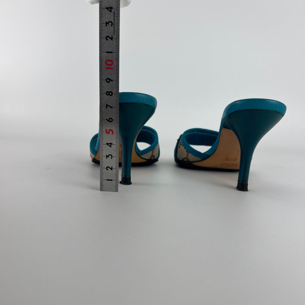 Gucci | Tom Ford Era Horse Bit Teal Blue Monogram GG Canvas Mules Rare (34)