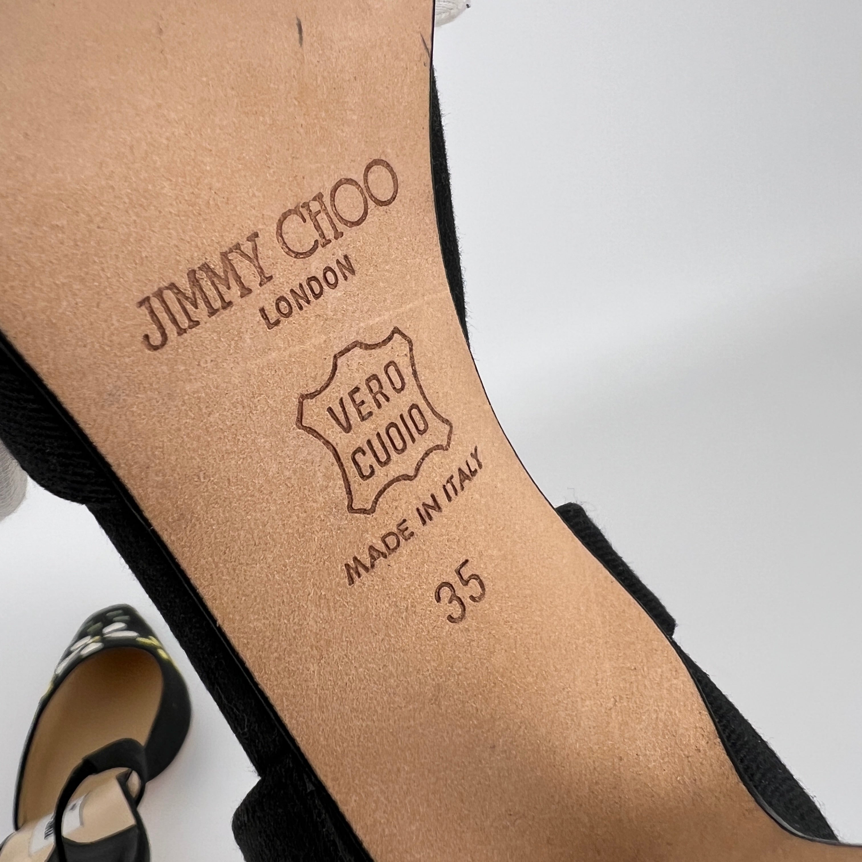 Jimmy Choo | Jessica Black Linen Floral Embroidery Pointed Toe Slingback Heels (35)