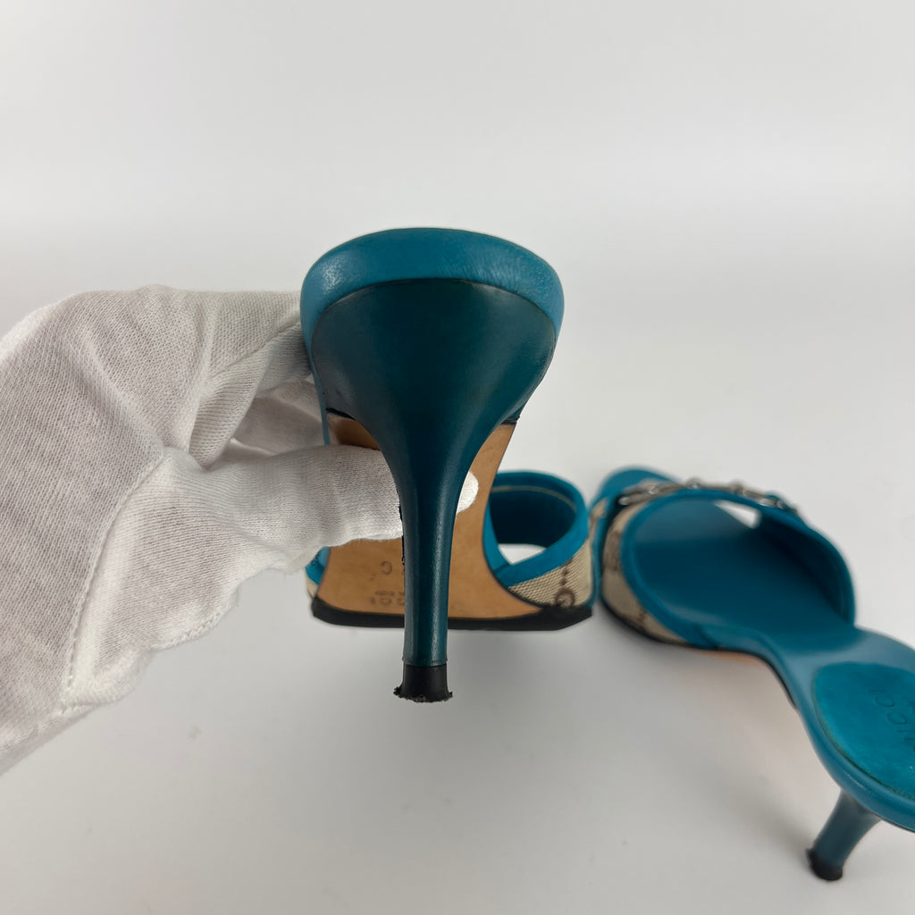 Gucci | Tom Ford Era Horse Bit Teal Blue Monogram GG Canvas Mules Rare (34)
