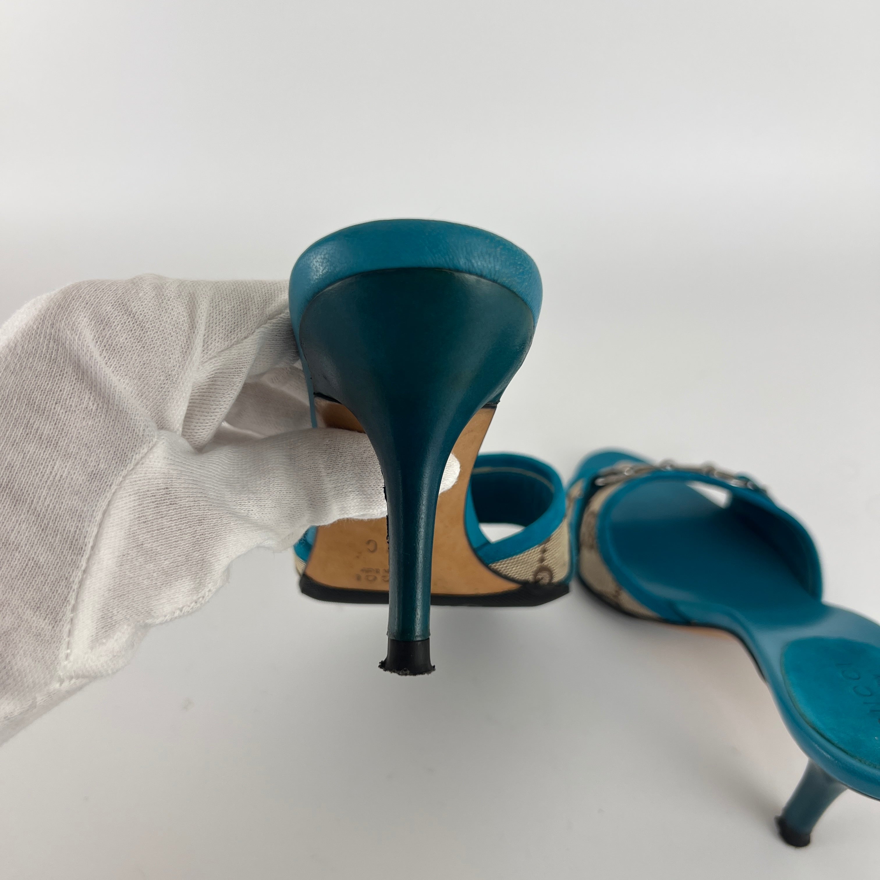Gucci | Tom Ford Era Horse Bit Teal Blue Monogram GG Canvas Mules Rare (34)
