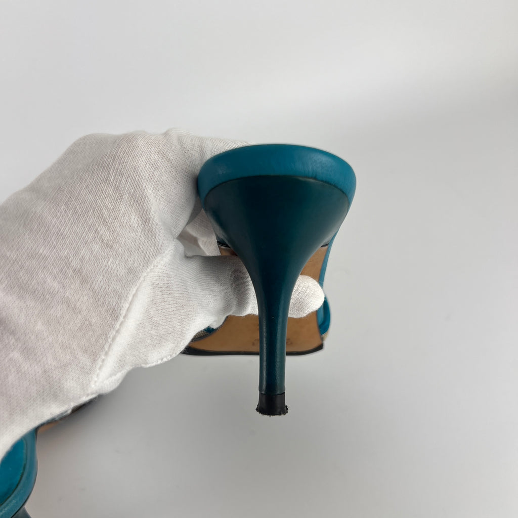 Gucci | Tom Ford Era Horse Bit Teal Blue Monogram GG Canvas Mules Rare (34)