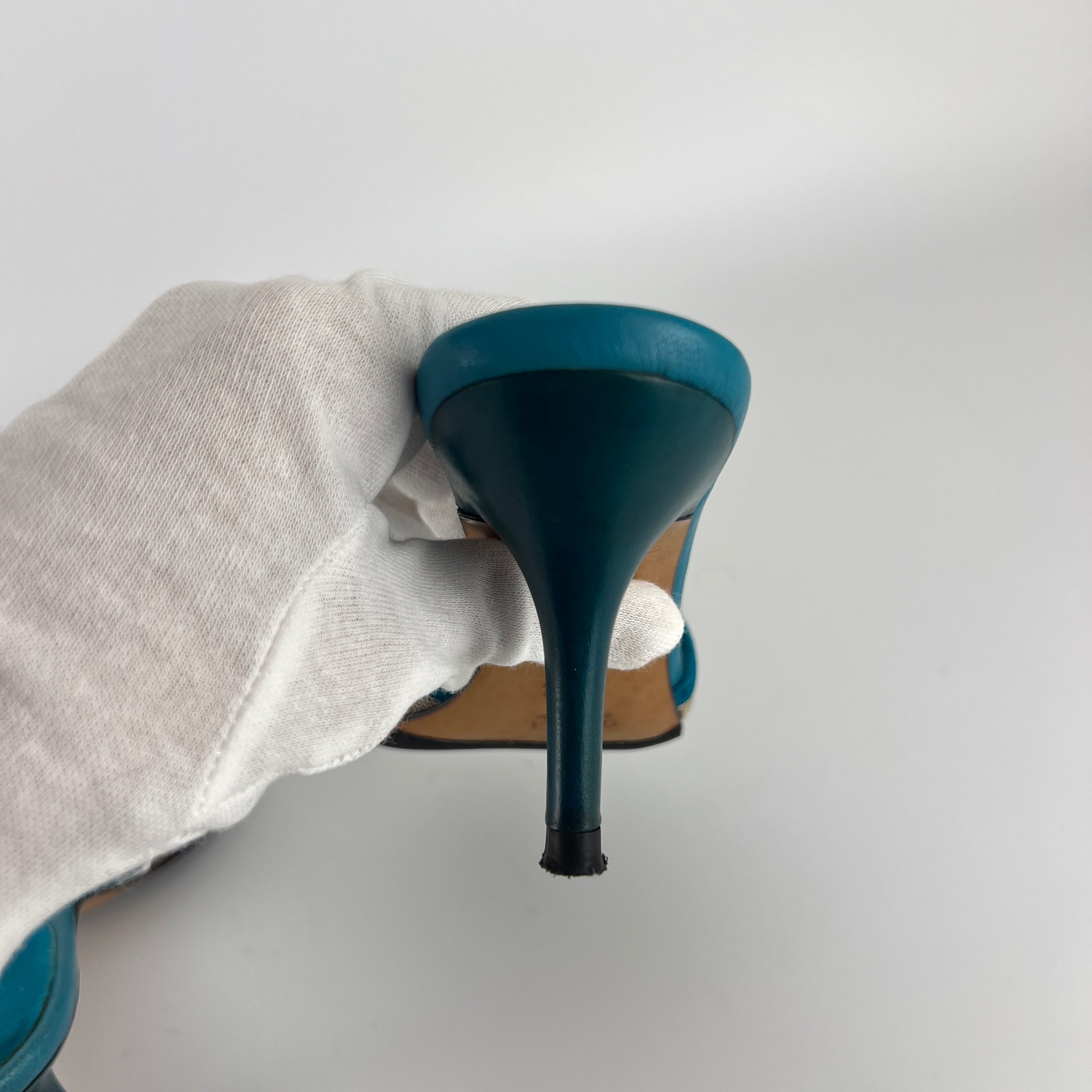 Gucci | Tom Ford Era Horse Bit Teal Blue Monogram GG Canvas Mules Rare (34)