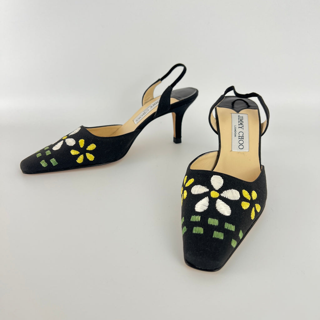 Jimmy Choo | Jessica Black Linen Floral Embroidery Pointed Toe Slingback Heels (35)