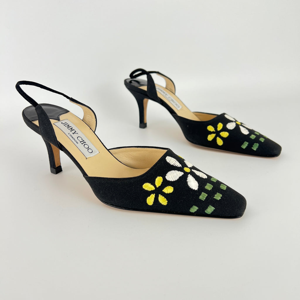 Jimmy Choo | Jessica Black Linen Floral Embroidery Pointed Toe Slingback Heels (35)