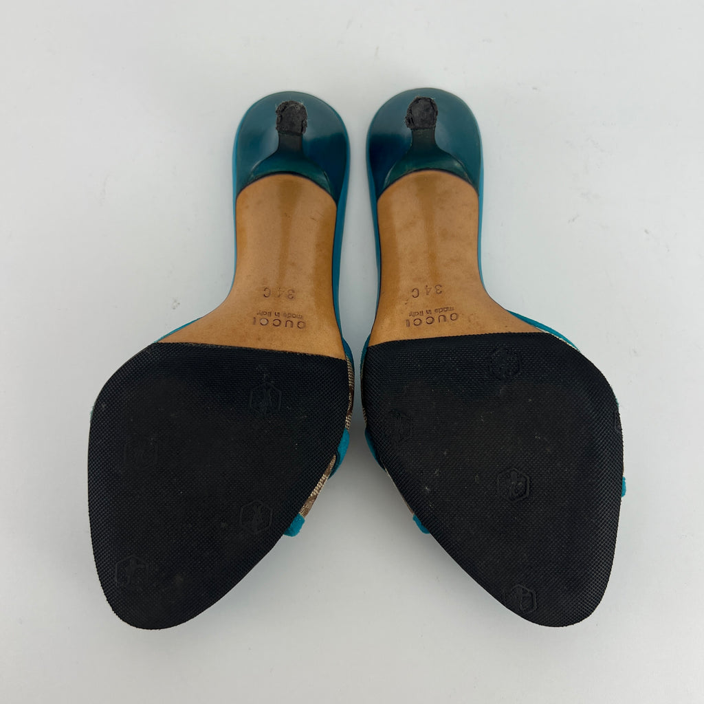 Gucci | Tom Ford Era Horse Bit Teal Blue Monogram GG Canvas Mules Rare (34)