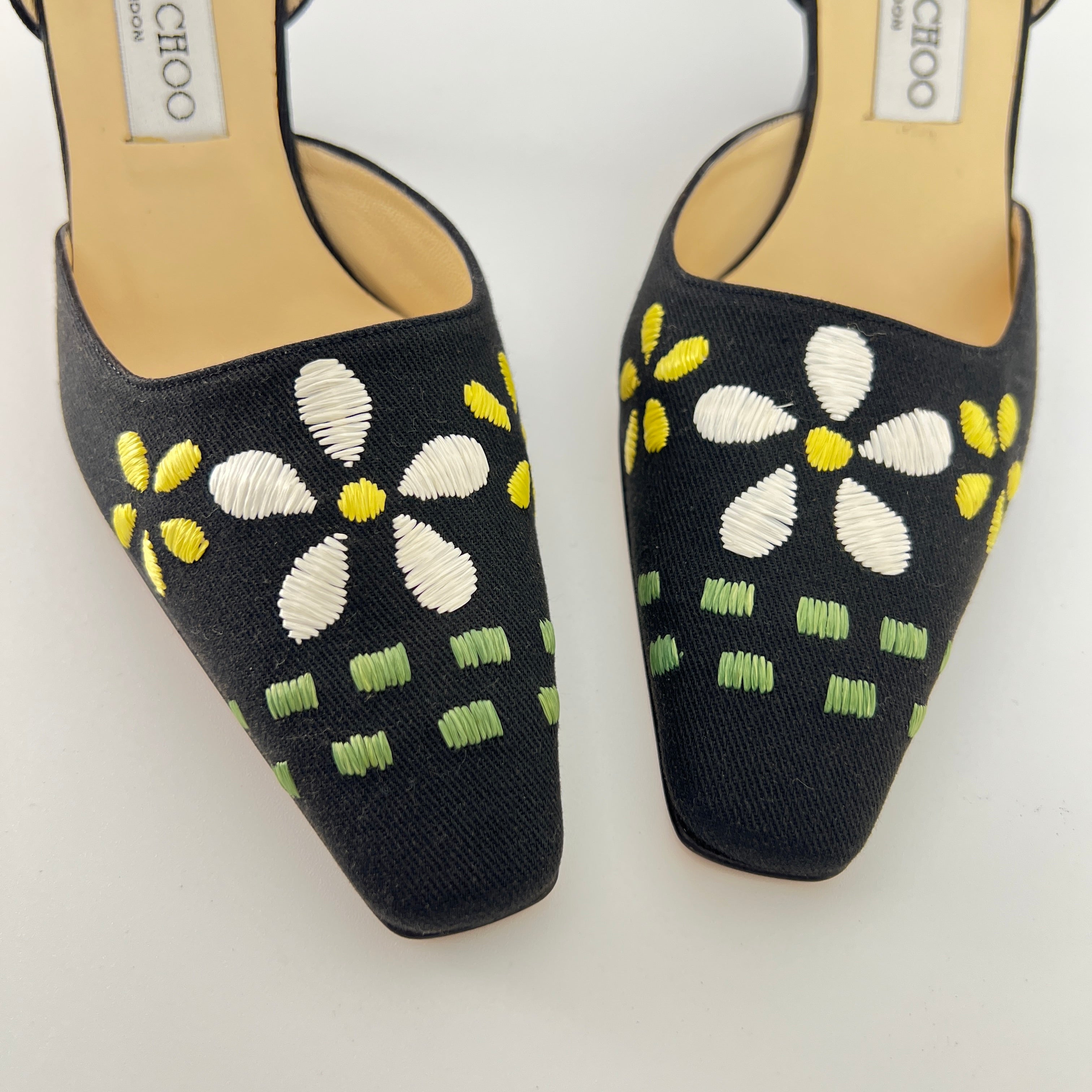 Jimmy Choo | Jessica Black Linen Floral Embroidery Pointed Toe Slingback Heels (35)