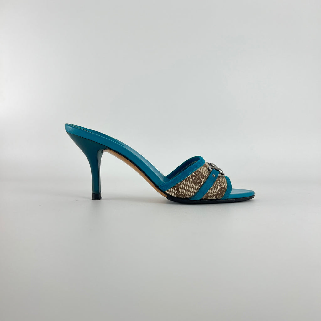 Gucci | Tom Ford Era Horse Bit Teal Blue Monogram GG Canvas Mules Rare (34)