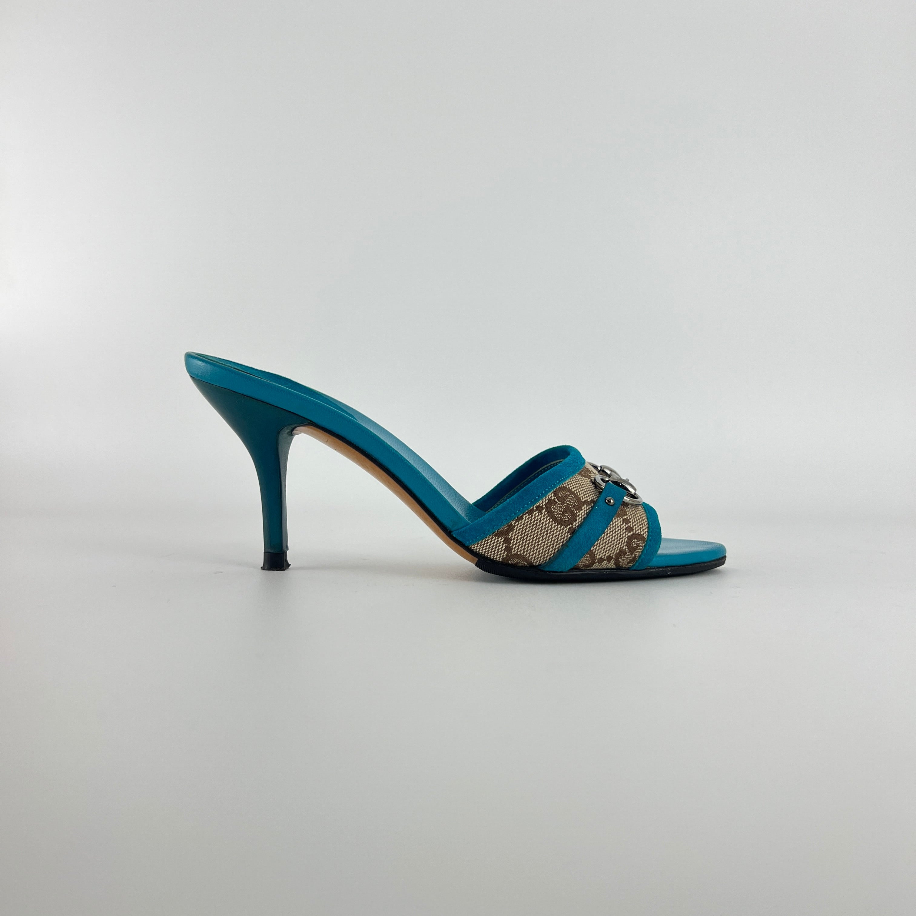 Gucci | Tom Ford Era Horse Bit Teal Blue Monogram GG Canvas Mules Rare (34)