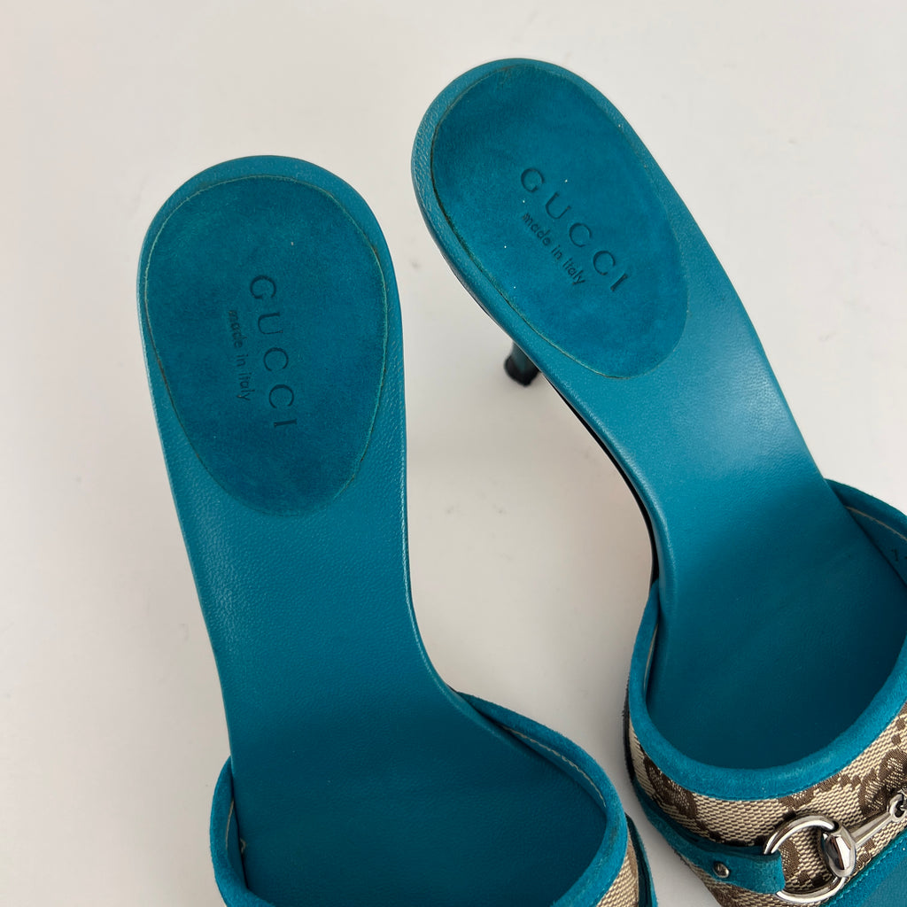 Gucci | Tom Ford Era Horse Bit Teal Blue Monogram GG Canvas Mules Rare (34)