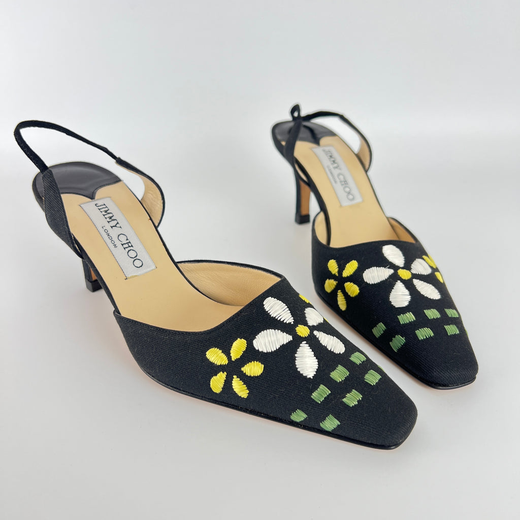 Jimmy Choo | Jessica Black Linen Floral Embroidery Pointed Toe Slingback Heels (35)
