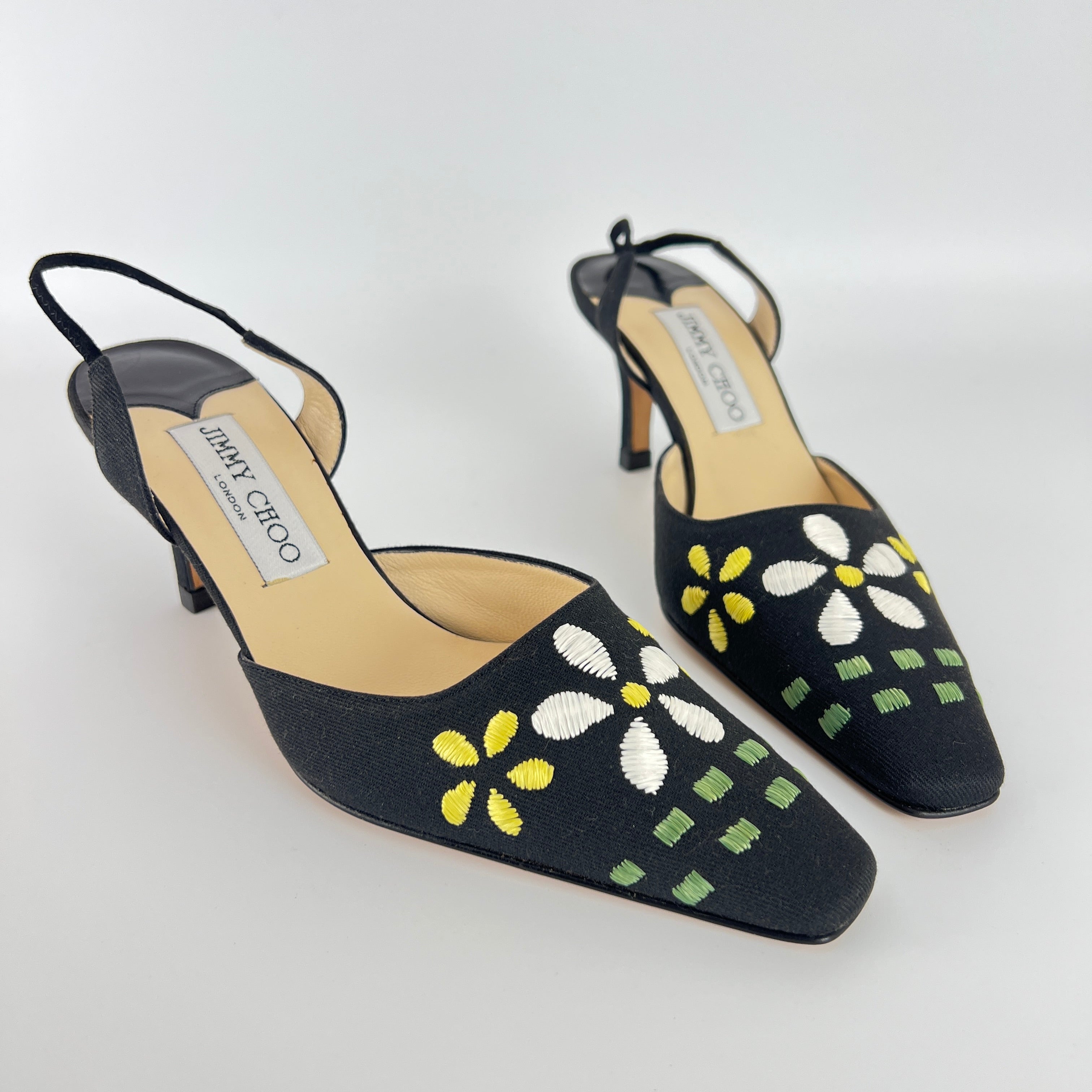 Jimmy Choo | Jessica Black Linen Floral Embroidery Pointed Toe Slingback Heels (35)