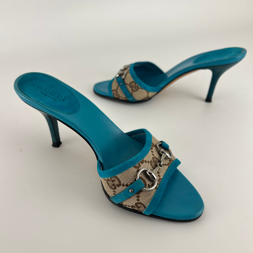 Gucci | Tom Ford Era Horse Bit Teal Blue Monogram GG Canvas Mules Rare (34)