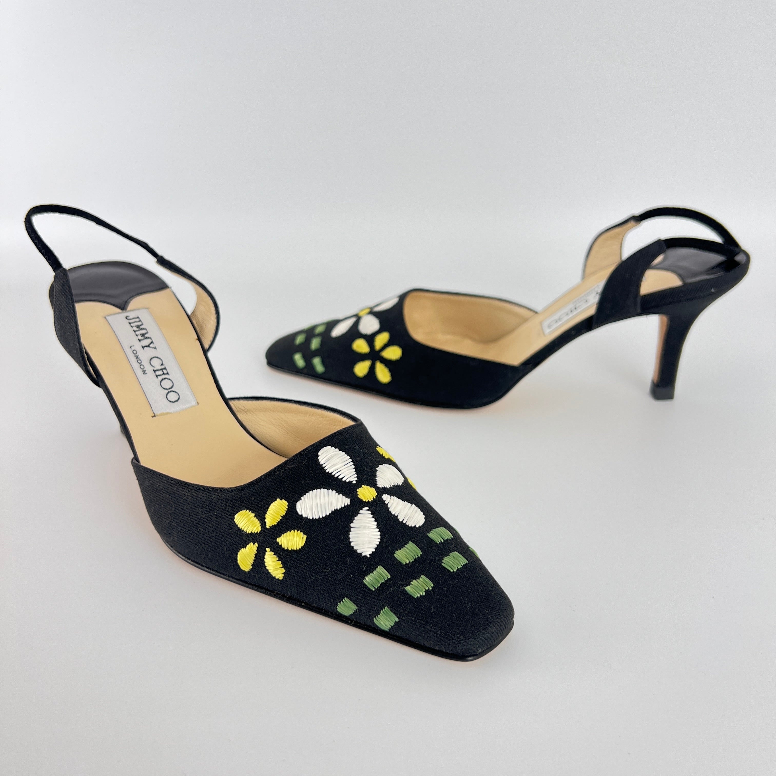 Jimmy Choo | Jessica Black Linen Floral Embroidery Pointed Toe Slingback Heels (35)