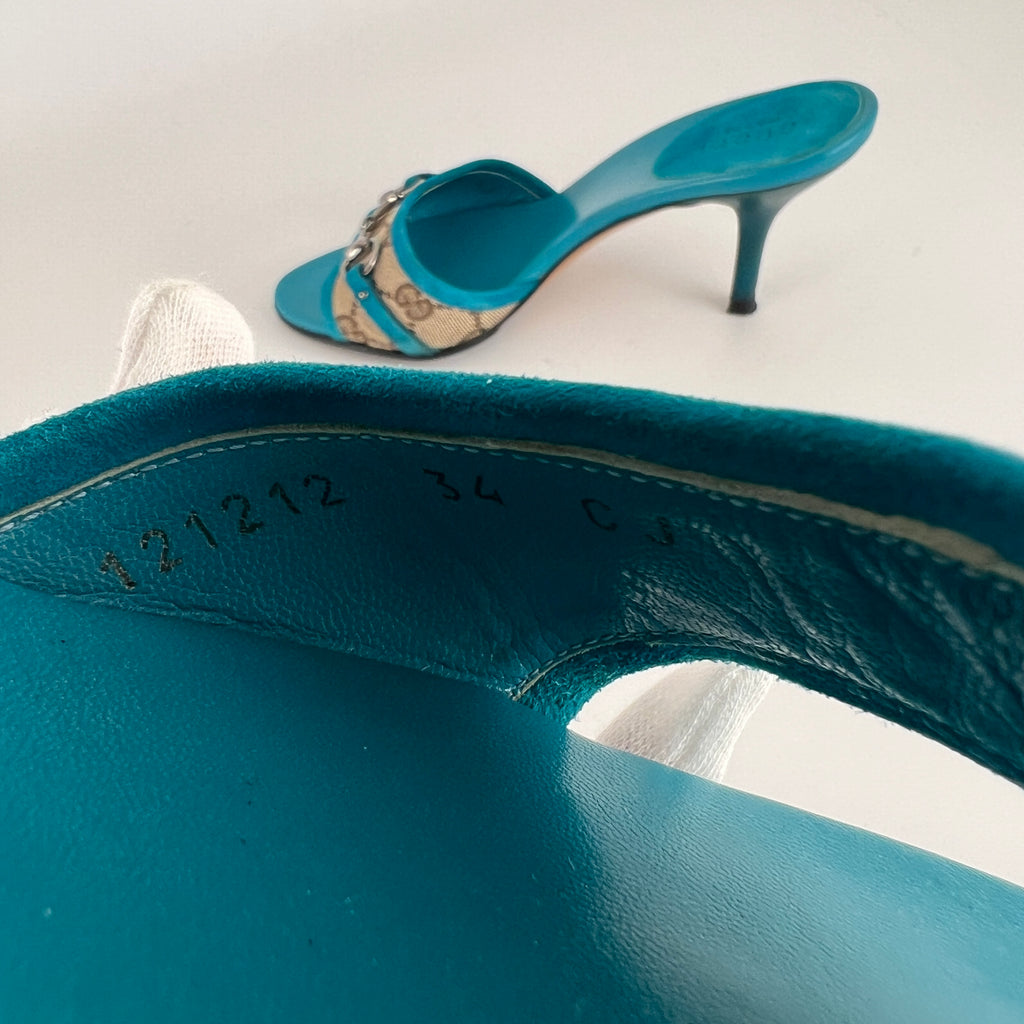 Gucci | Tom Ford Era Horse Bit Teal Blue Monogram GG Canvas Mules Rare (34)