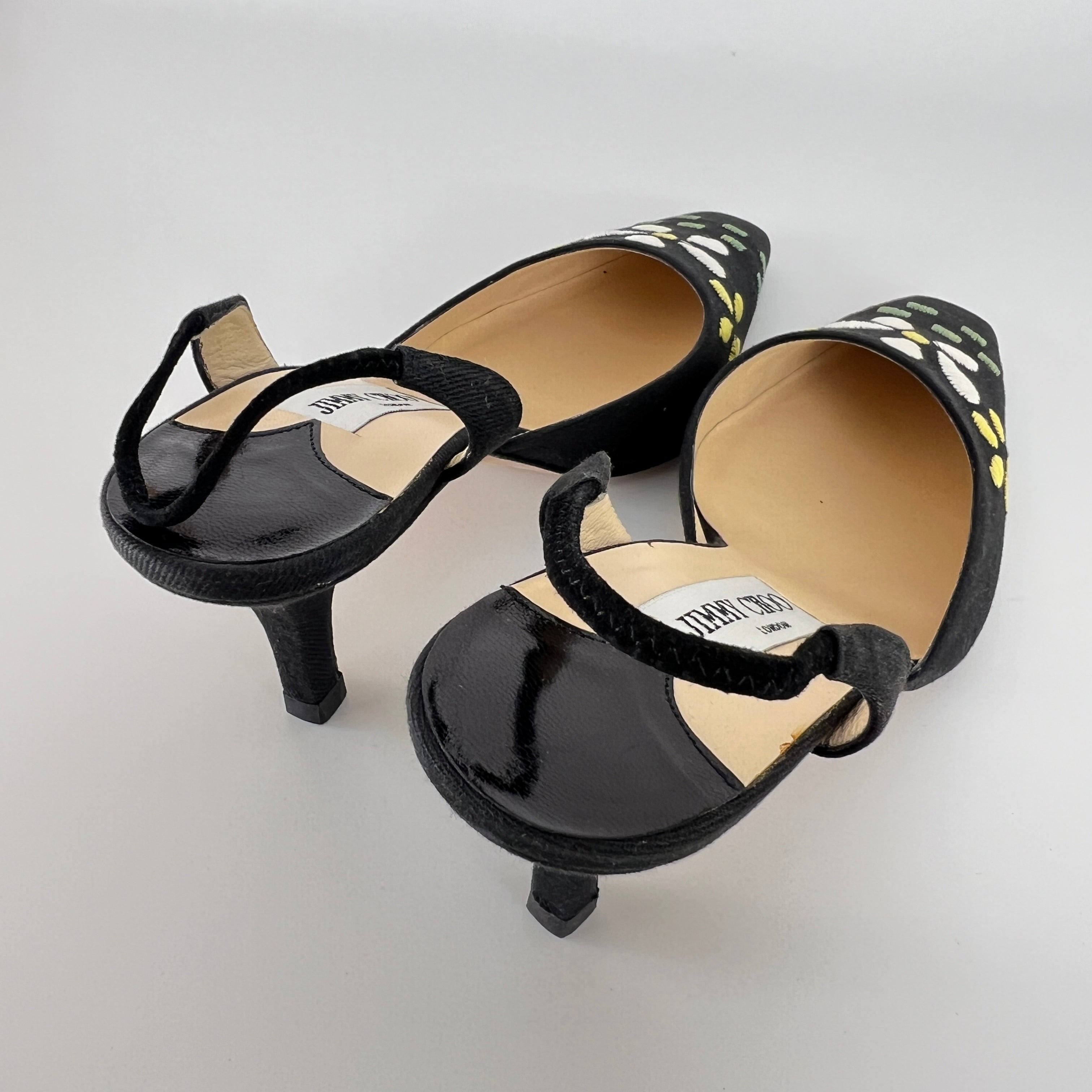 Jimmy Choo | Jessica Black Linen Floral Embroidery Pointed Toe Slingback Heels (35)
