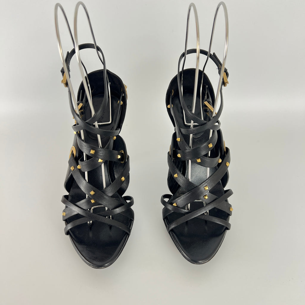 Gucci | Vintage Tom Ford Era Black Leather Strap Stud Heels Rare Archive (35.5)