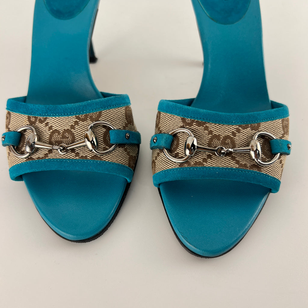 Gucci | Tom Ford Era Horse Bit Teal Blue Monogram GG Canvas Mules Rare (34)