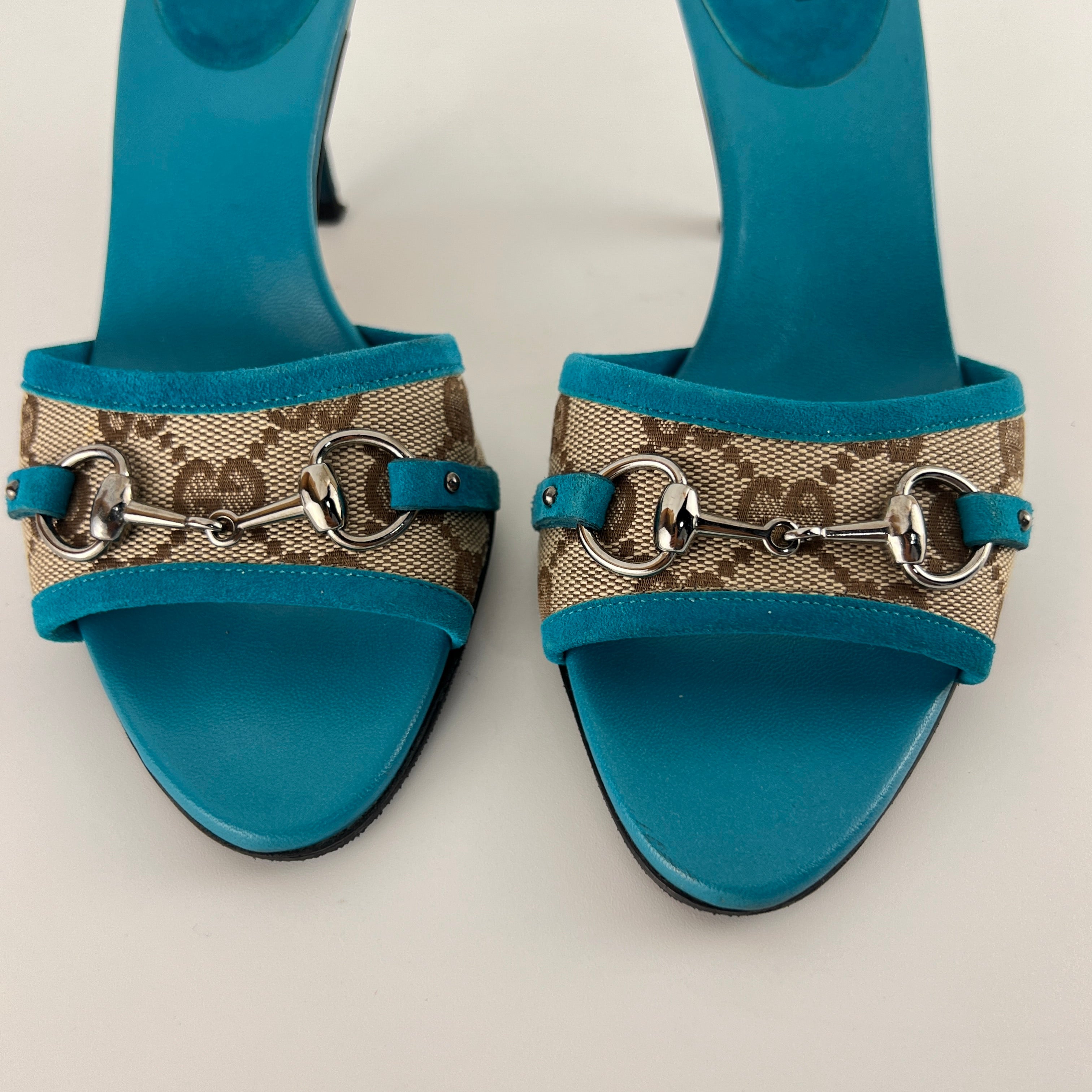 Gucci | Tom Ford Era Horse Bit Teal Blue Monogram GG Canvas Mules Rare (34)