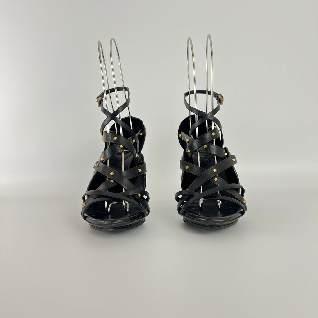 Gucci | Vintage Tom Ford Era Black Leather Strap Stud Heels Rare Archive (35.5)