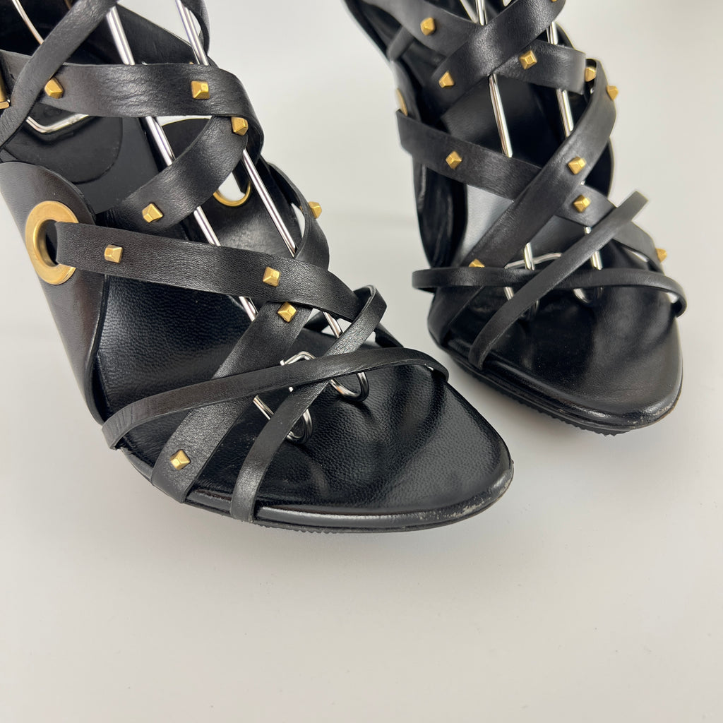 Gucci | Vintage Tom Ford Era Black Leather Strap Stud Heels Rare Archive (35.5)