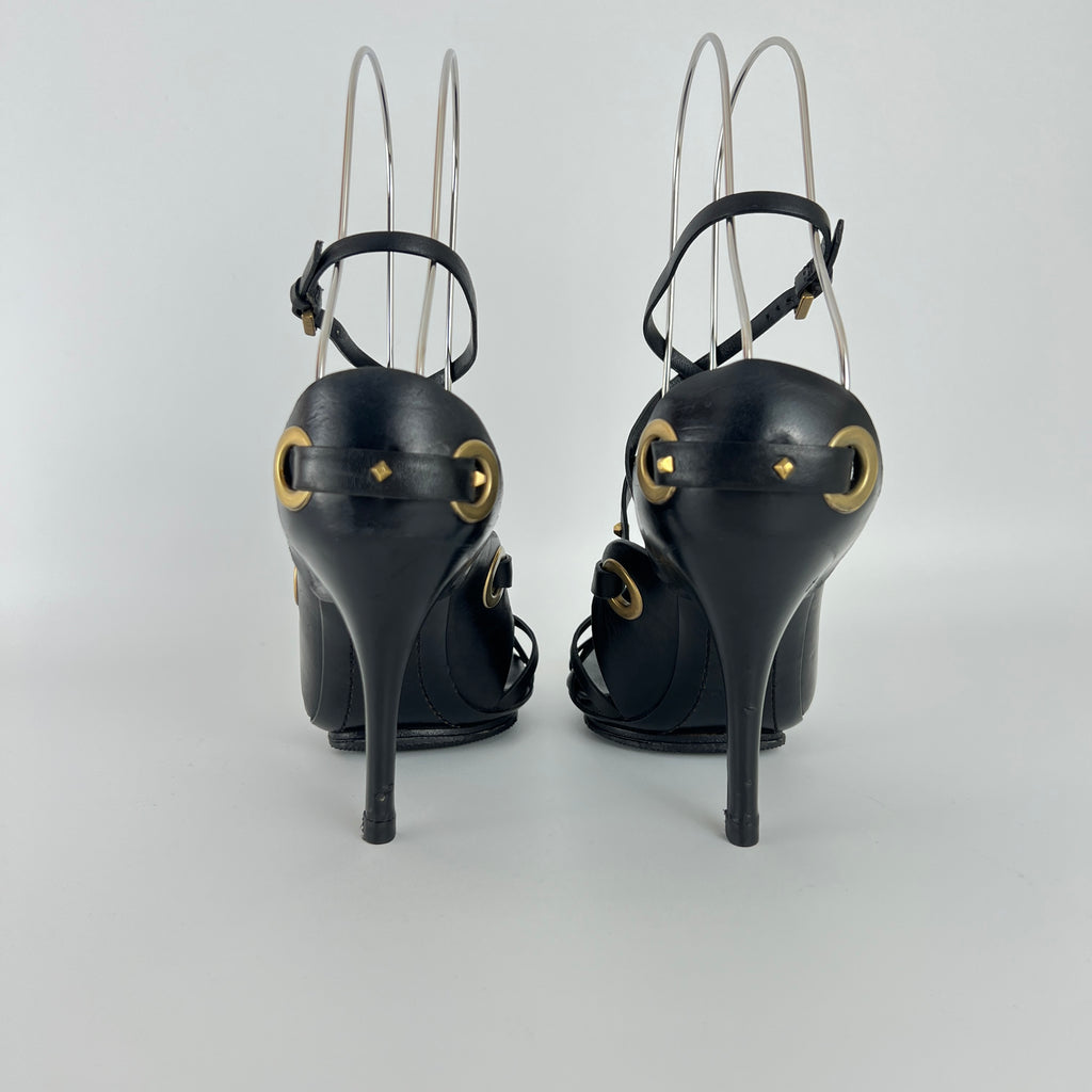 Gucci | Vintage Tom Ford Era Black Leather Strap Stud Heels Rare Archive (35.5)