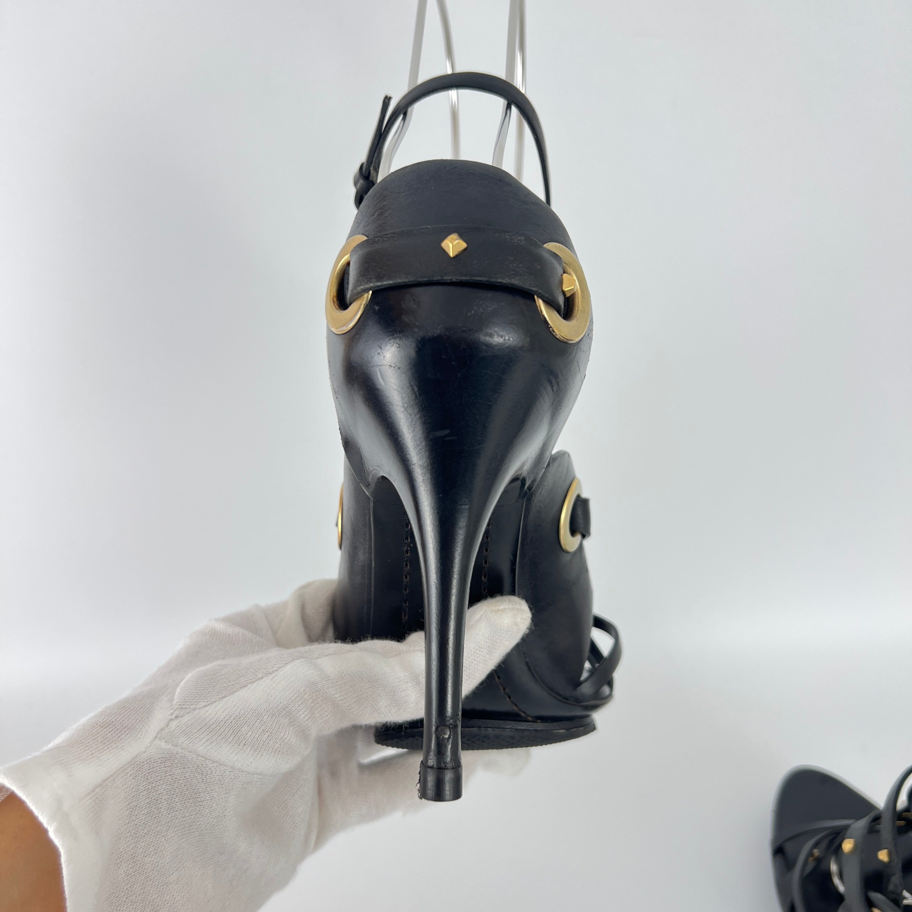 Gucci | Vintage Tom Ford Era Black Leather Strap Stud Heels Rare Archive (35.5)
