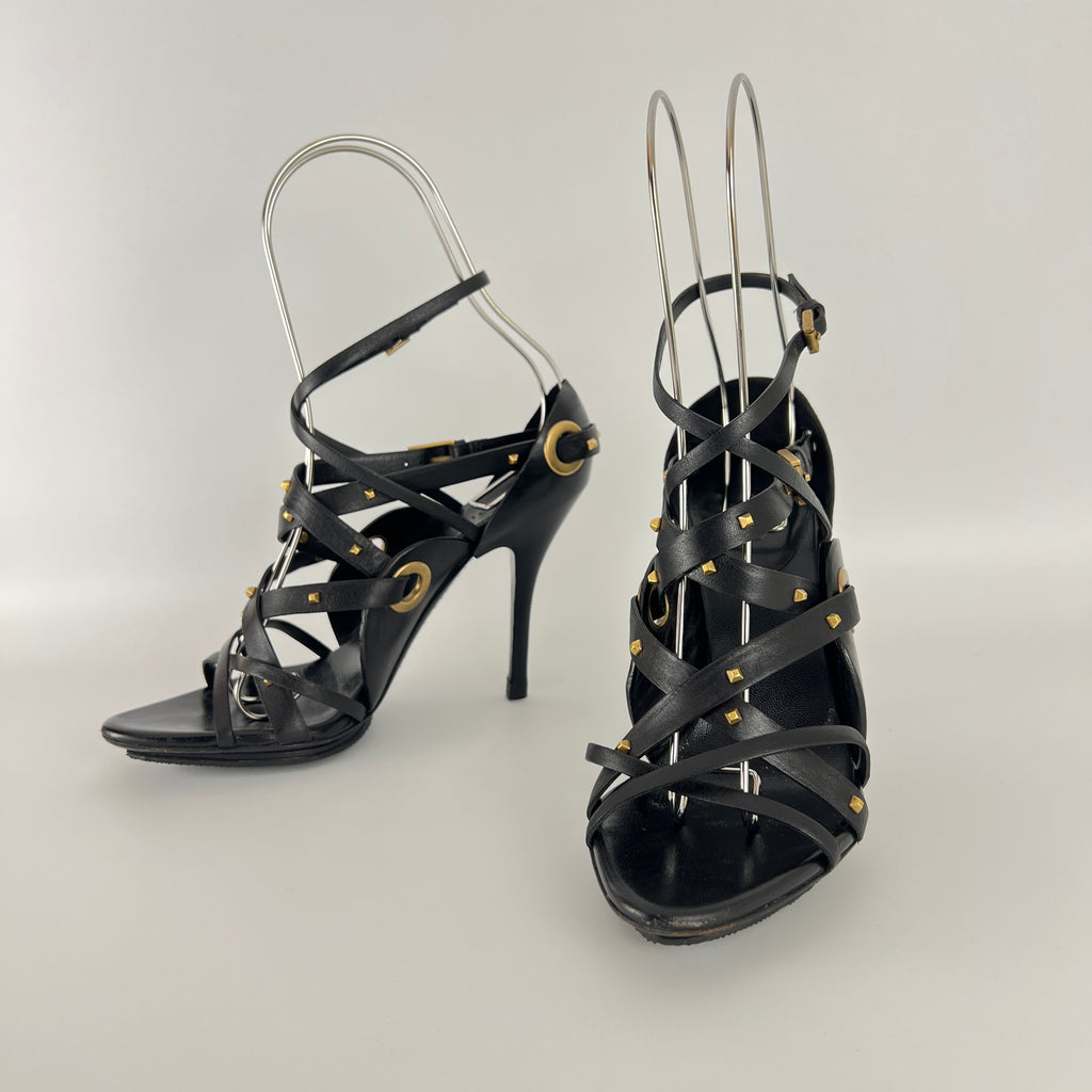 Gucci | Vintage Tom Ford Era Black Leather Strap Stud Heels Rare Archive (35.5)