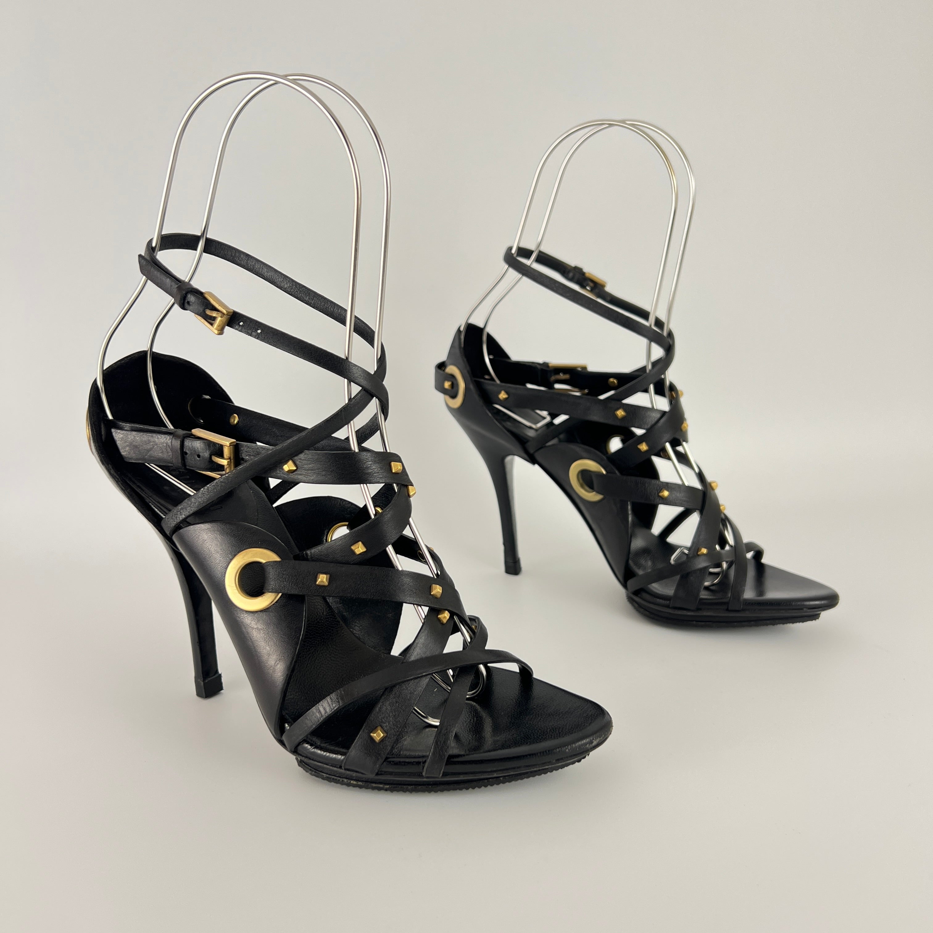 Gucci | Vintage Tom Ford Era Black Leather Strap Stud Heels Rare Archive (35.5)