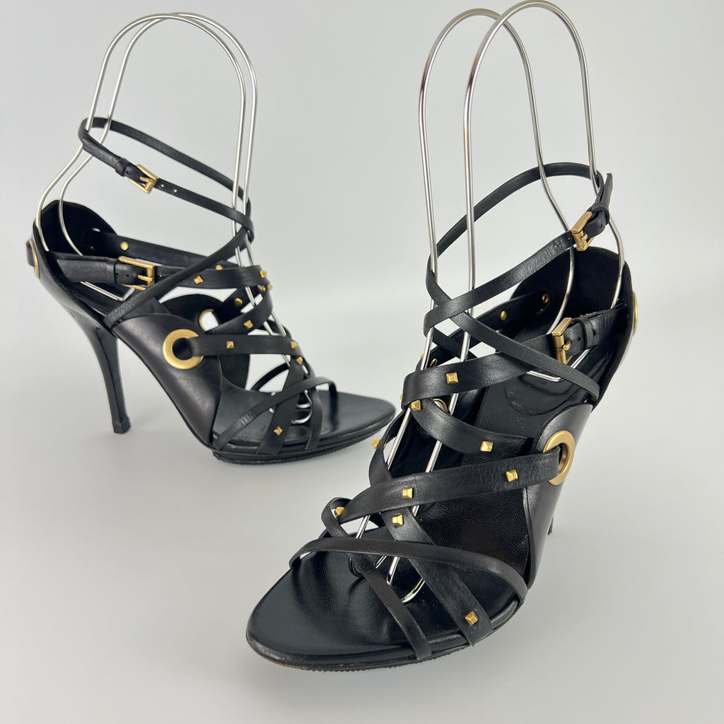 Gucci | Vintage Tom Ford Era Black Leather Strap Stud Heels Rare Archive (35.5)