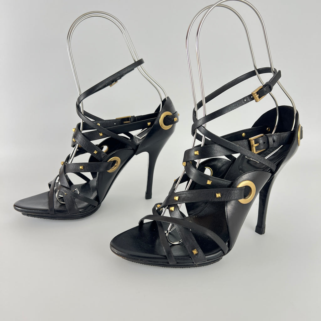 Gucci | Vintage Tom Ford Era Black Leather Strap Stud Heels Rare Archive (35.5)