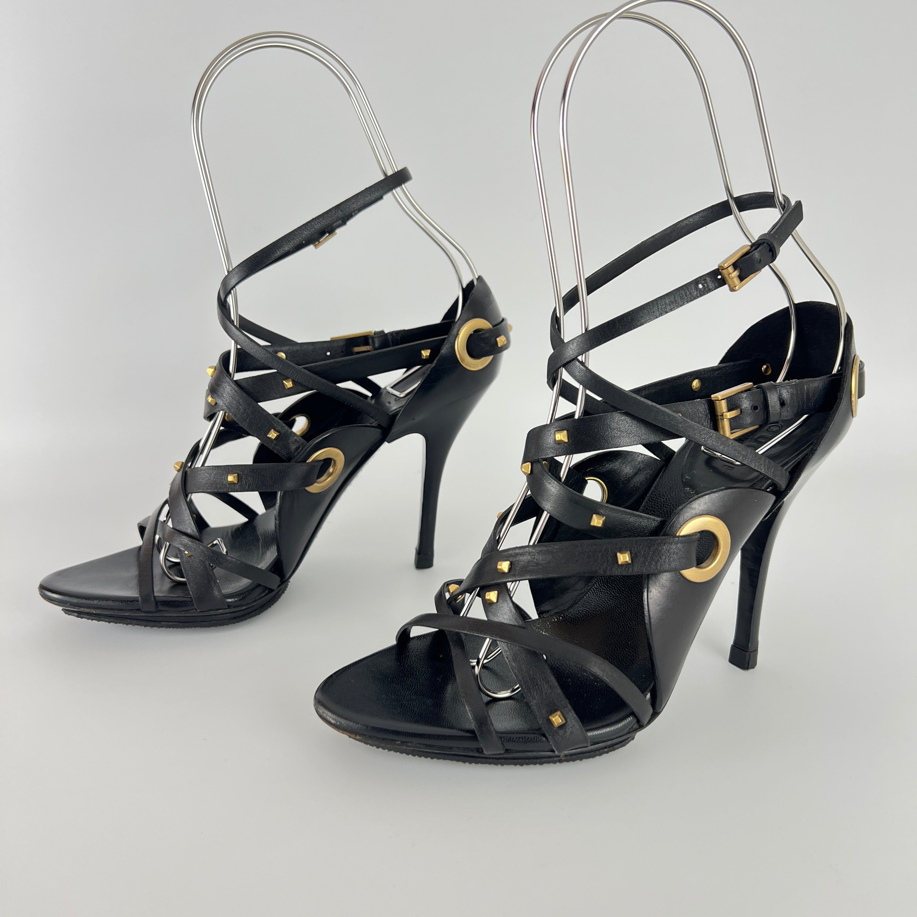 Gucci | Vintage Tom Ford Era Black Leather Strap Stud Heels Rare Archive (35.5)