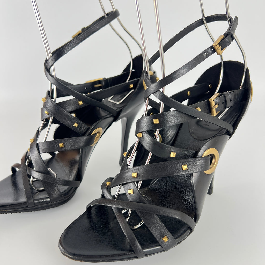 Gucci | Vintage Tom Ford Era Black Leather Strap Stud Heels Rare Archive (35.5)