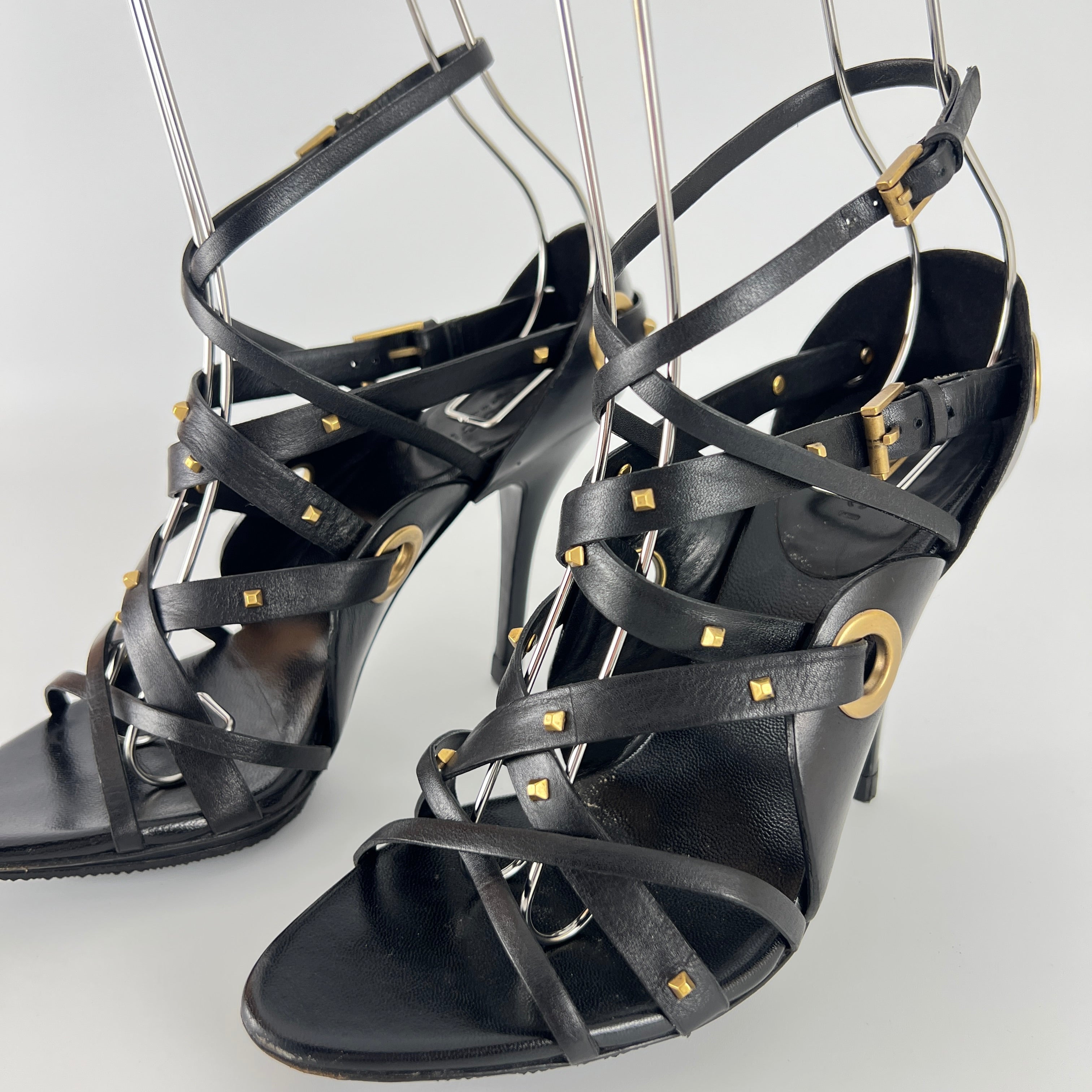 Gucci | Vintage Tom Ford Era Black Leather Strap Stud Heels Rare Archive (35.5)