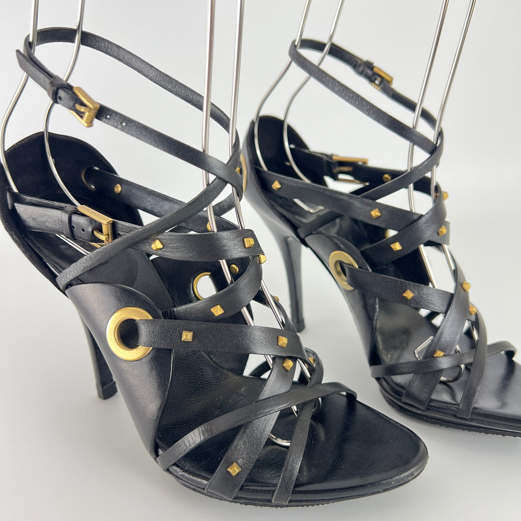 Gucci | Vintage Tom Ford Era Black Leather Strap Stud Heels Rare Archive (35.5)
