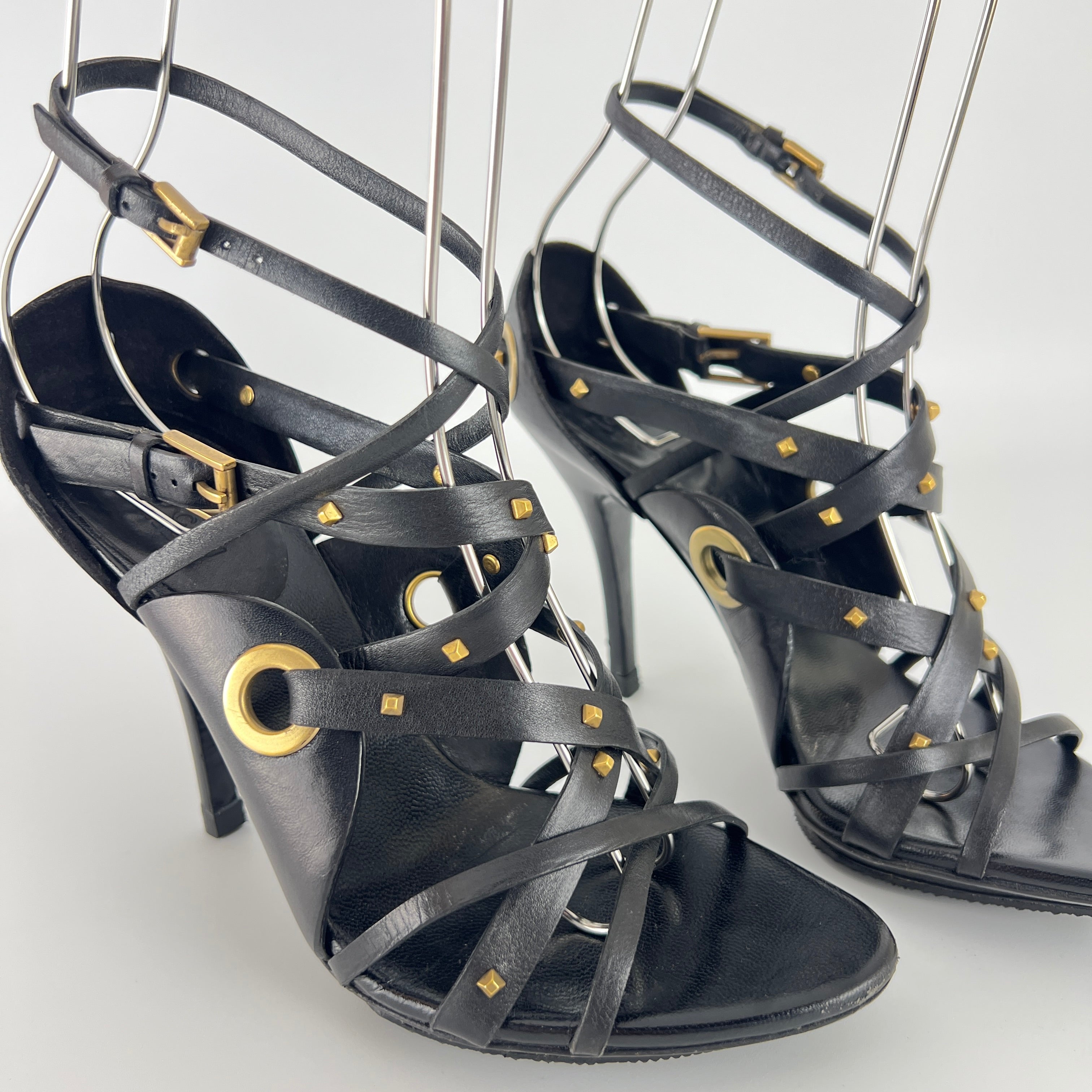 Gucci | Vintage Tom Ford Era Black Leather Strap Stud Heels Rare Archive (35.5)
