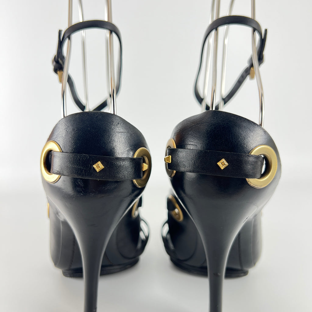 Gucci | Vintage Tom Ford Era Black Leather Strap Stud Heels Rare Archive (35.5)