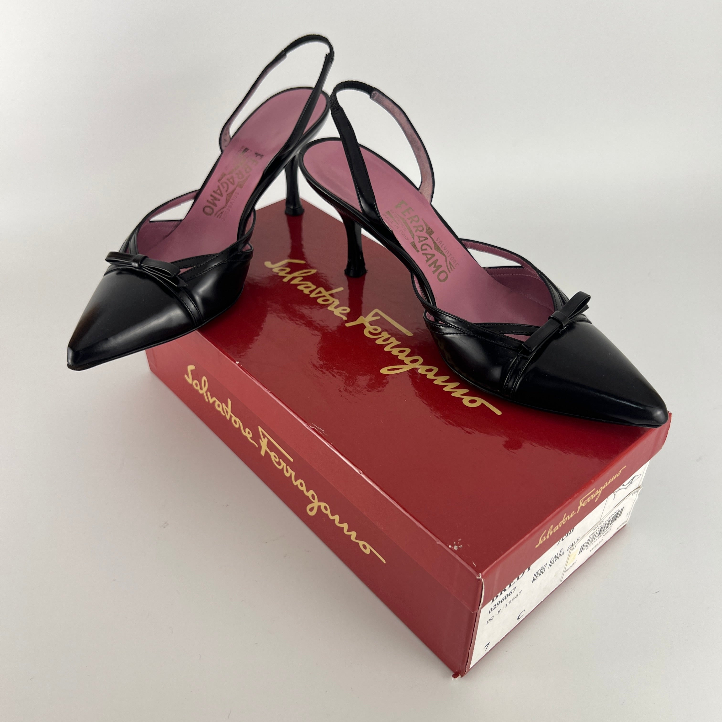 Ferragamo | Black Leather Ribbon Pointed Toe Slingback Heels (37)