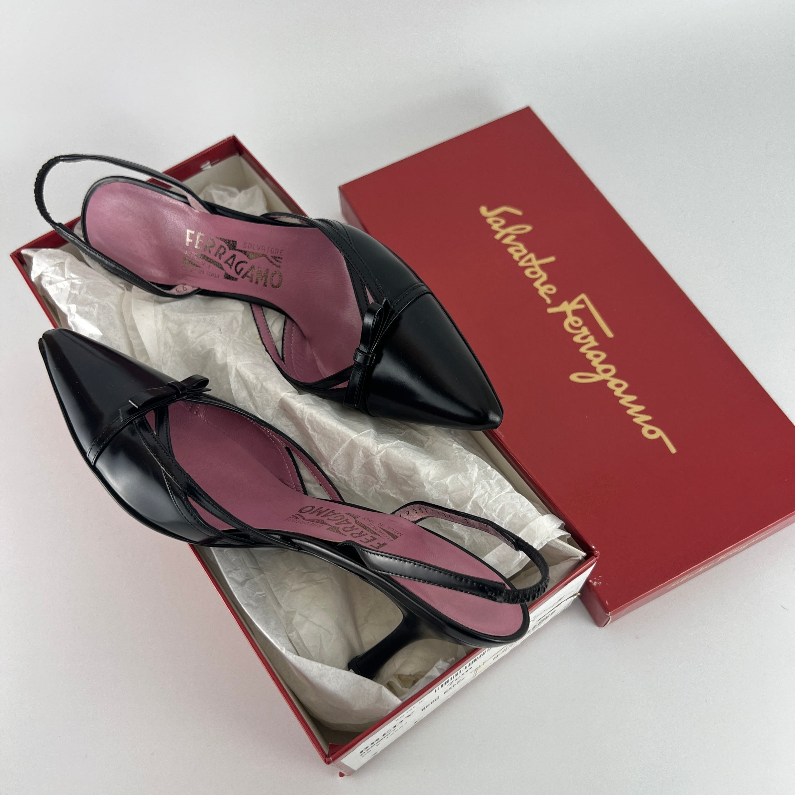 Ferragamo | Black Leather Ribbon Pointed Toe Slingback Heels (37)