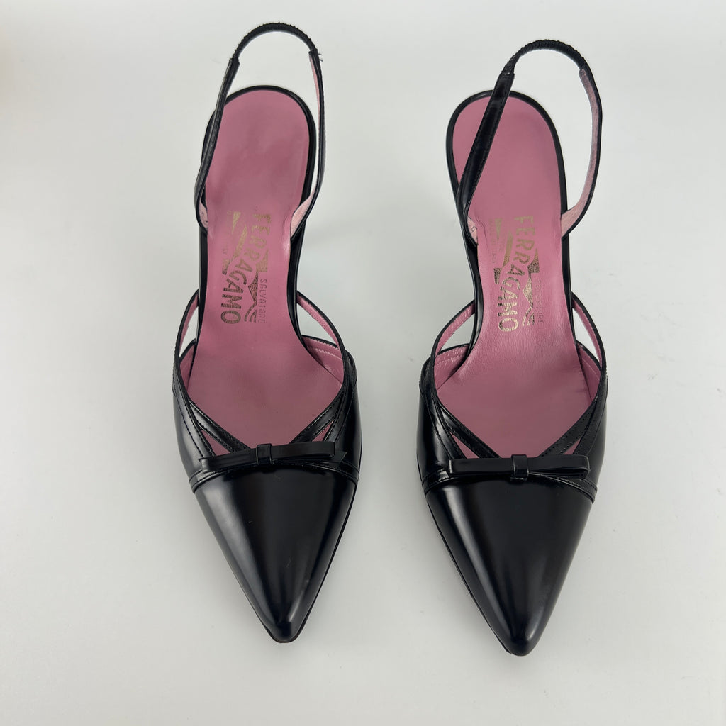 Ferragamo | Black Leather Ribbon Pointed Toe Slingback Heels (37)