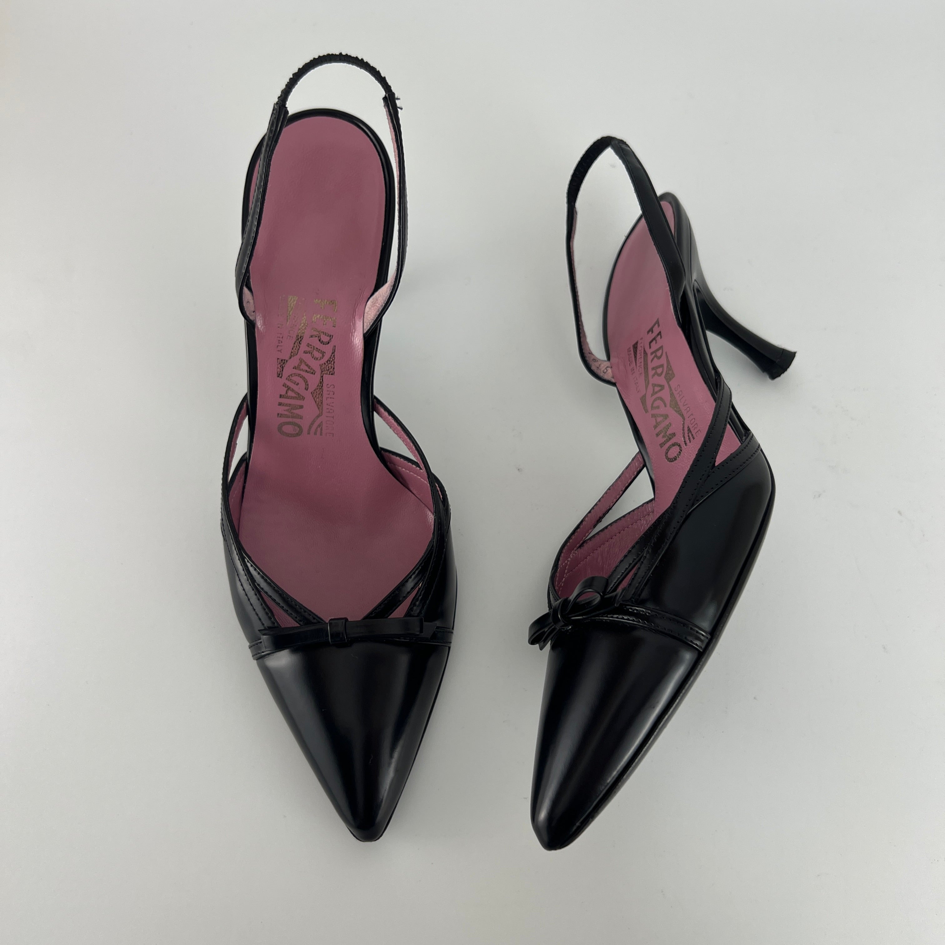 Ferragamo | Black Leather Ribbon Pointed Toe Slingback Heels (37)