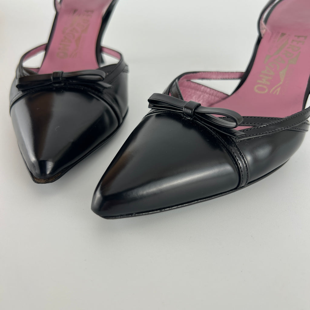 Ferragamo | Black Leather Ribbon Pointed Toe Slingback Heels (37)