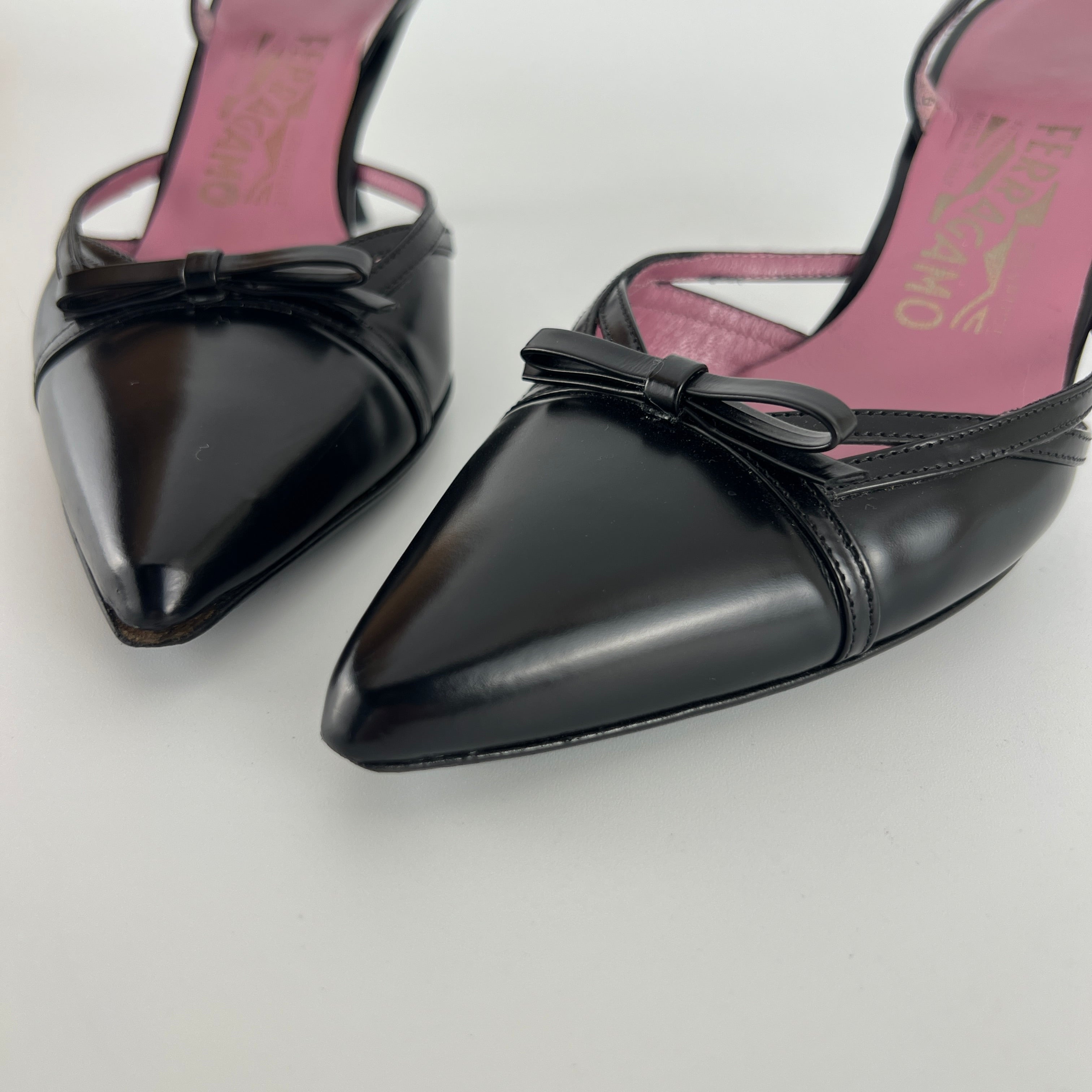 Ferragamo | Black Leather Ribbon Pointed Toe Slingback Heels (37)